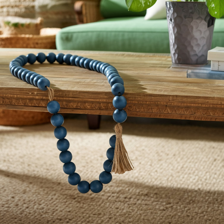 Teal Mango Wood and Jute Beaded Garland with Beige Tassels, 25"