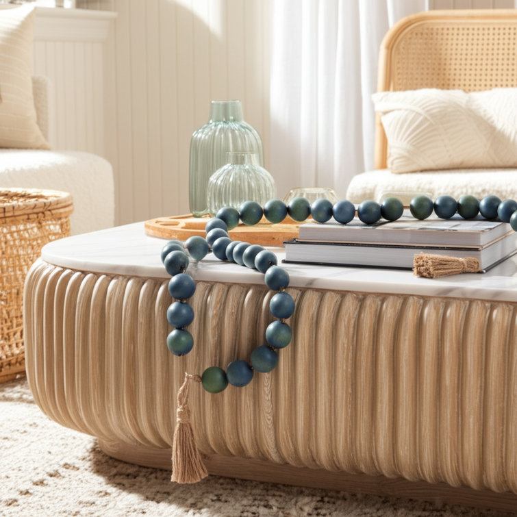 Teal Mango Wood and Jute Beaded Garland with Beige Tassels, 25"