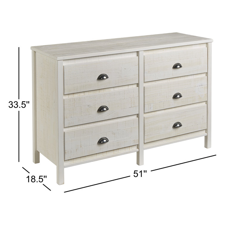 Farmhouse Baja Double 6-Drawer Dresser in Shabby White with Felt-Lined Drawers