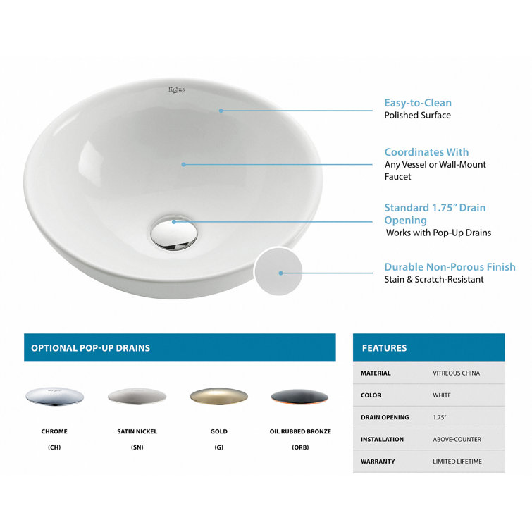 White Ceramic Round Above-Counter Vessel Sink