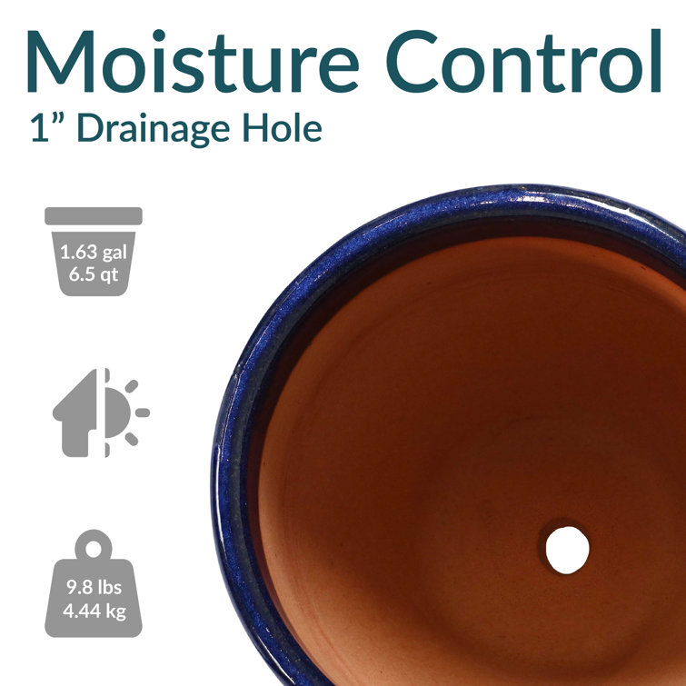 Imperial Blue Medium Ceramic Indoor/Outdoor Planter Set with Drainage Holes
