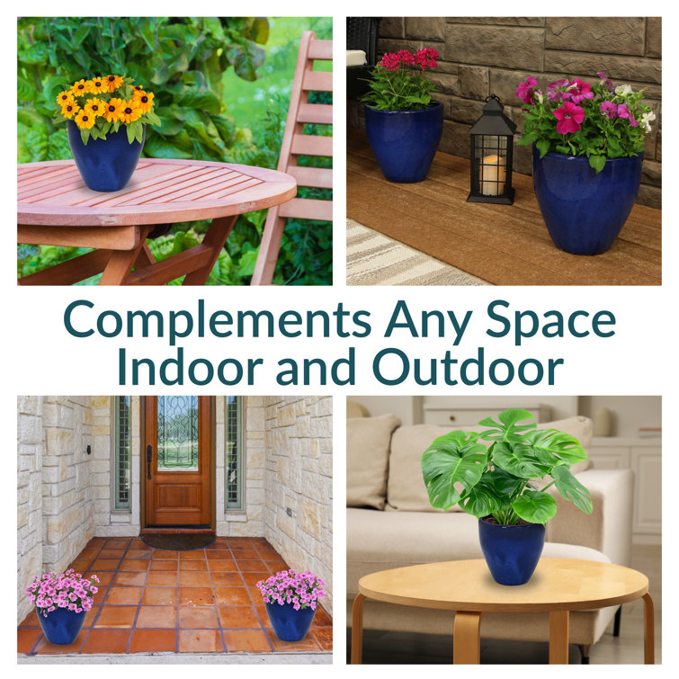 Imperial Blue Medium Ceramic Indoor/Outdoor Planter Set with Drainage Holes