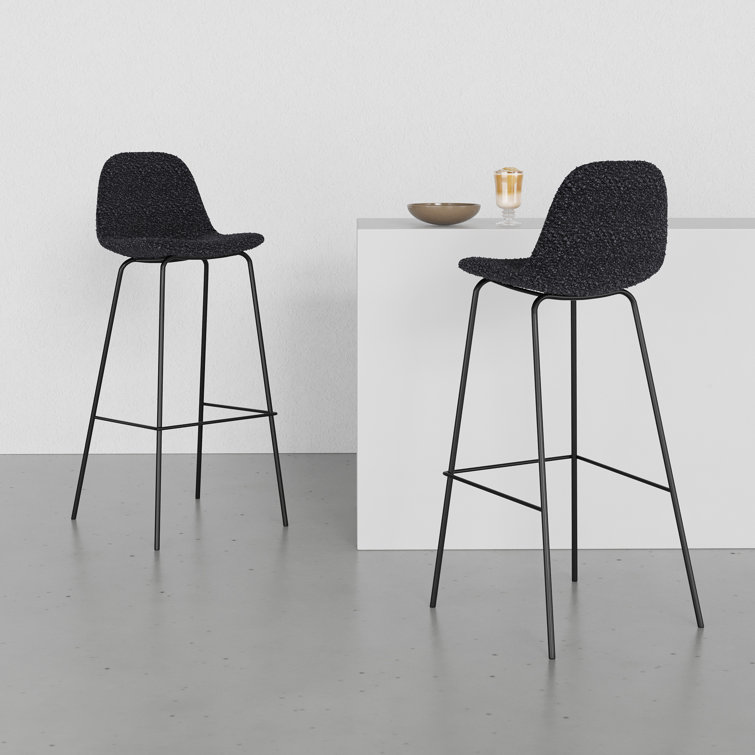 Black Boucle Upholstered Bar Stools with Metal Frame, Set of 2