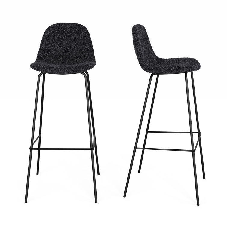 Black Boucle Upholstered Bar Stools with Metal Frame, Set of 2