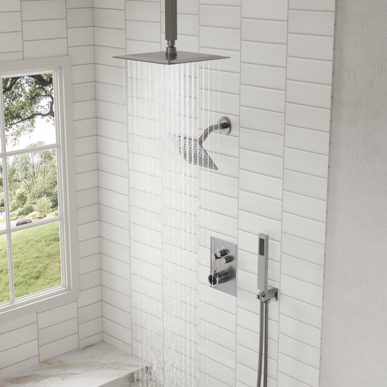 Brushed Nickel 12'' Dual Rainfall Shower System with Thermostatic Valve