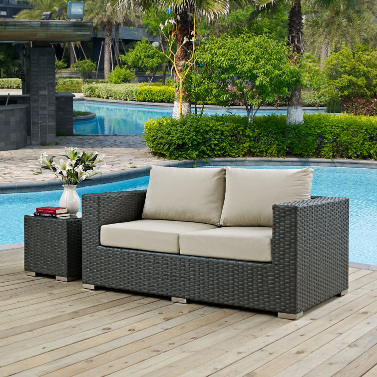 Antique Beige Wicker and Metal Outdoor Patio Loveseat