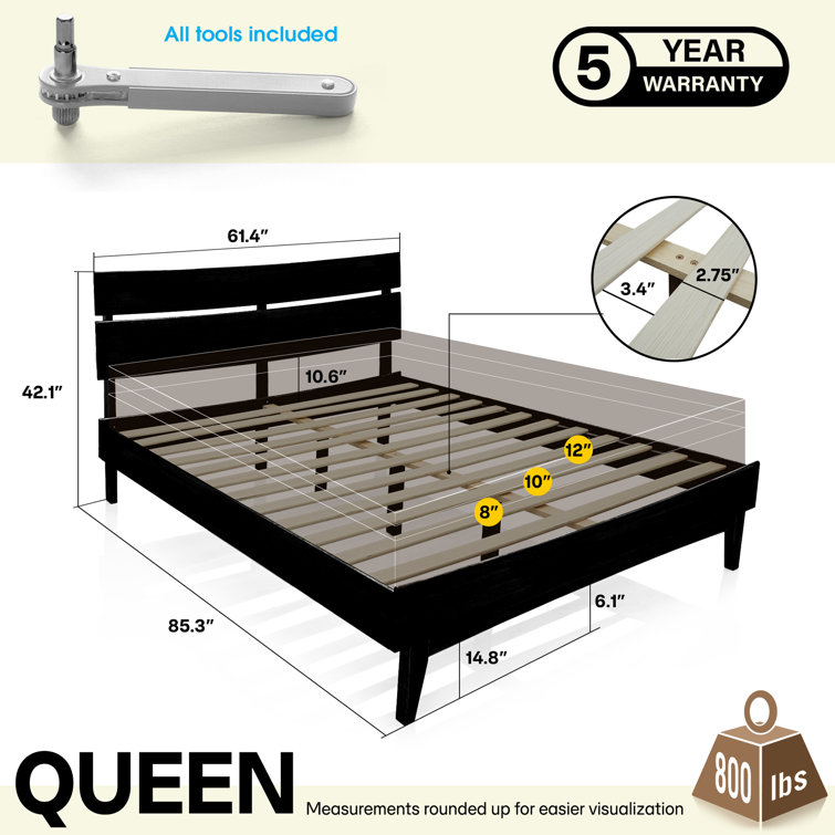 Aurora Black Queen Acacia Wood Bed Frame with Headboard