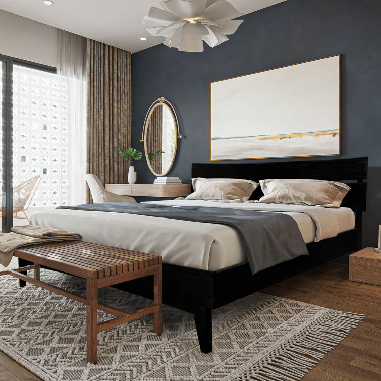 Aurora Black Queen Acacia Wood Bed Frame with Headboard