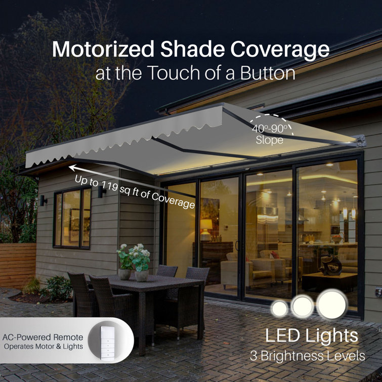 Silver Gray Motorized Patio Awning with LED Lights, 13 x 10 ft