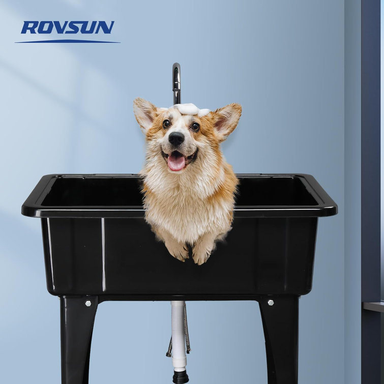 Black Freestanding Utility Sink with Stainless Steel Faucet and Drainboard
