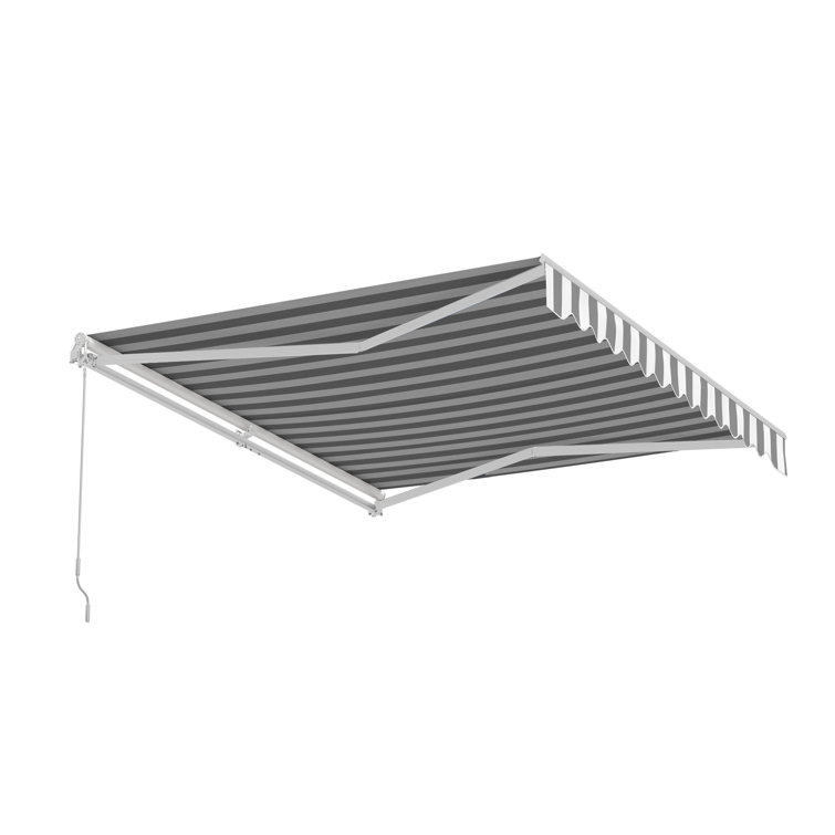 Motorized Gray and White Striped Retractable Patio Awning