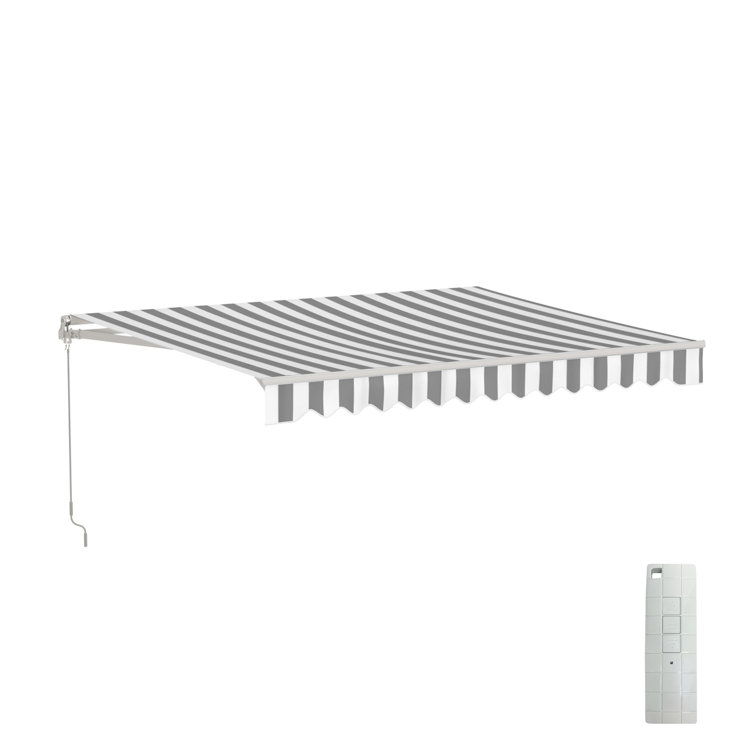 Motorized Gray and White Striped Retractable Patio Awning