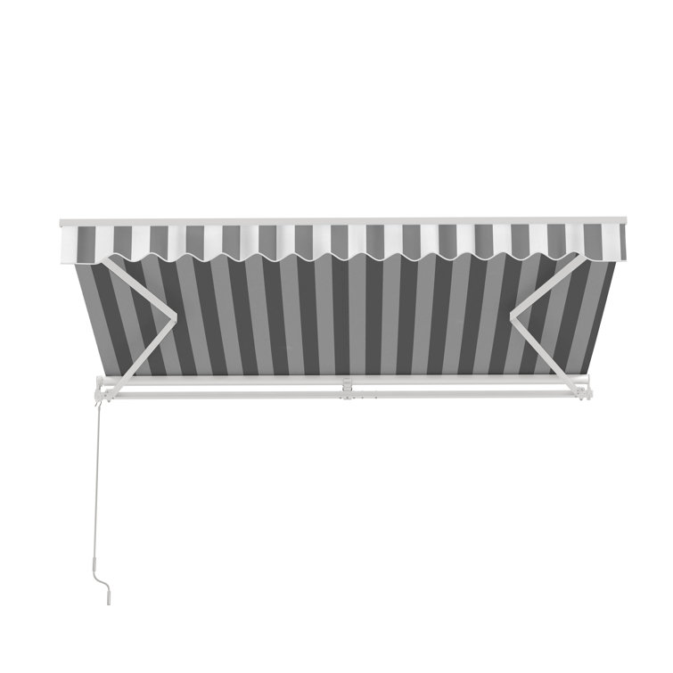 Motorized Gray and White Striped Retractable Patio Awning