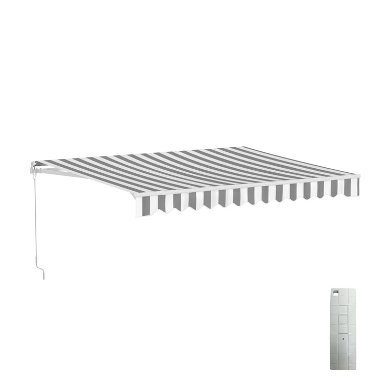 Motorized Gray and White Striped Retractable Patio Awning