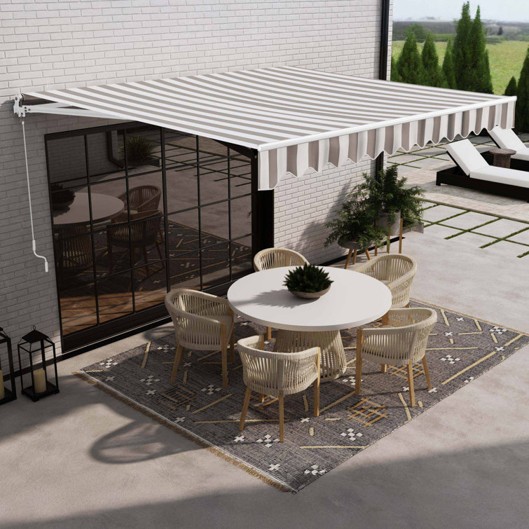 Motorized Gray and White Striped Retractable Patio Awning