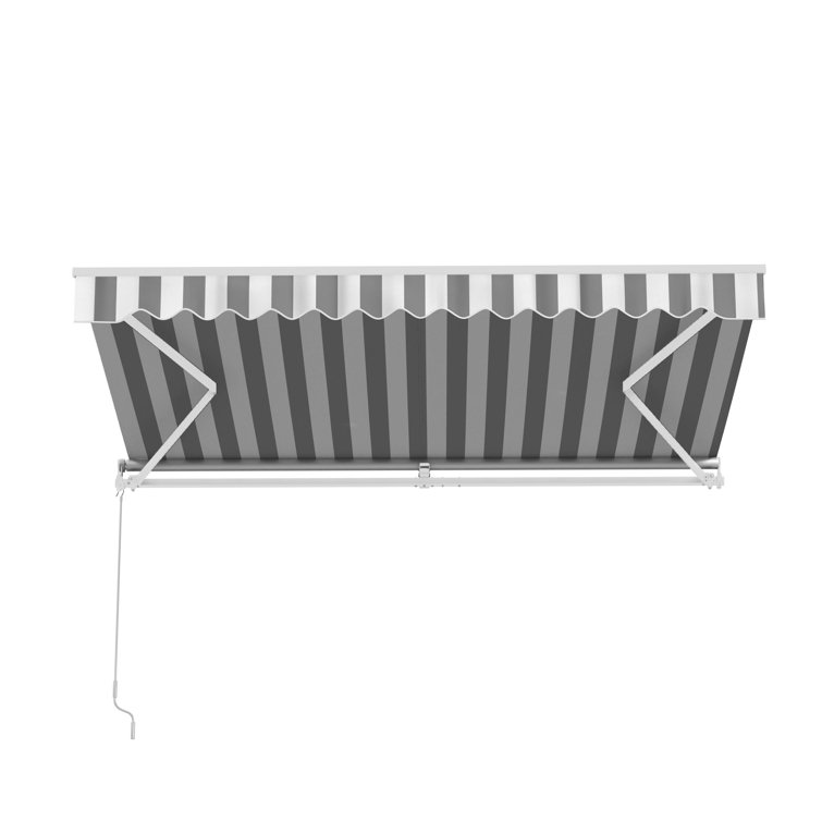 Motorized Gray and White Striped Retractable Patio Awning