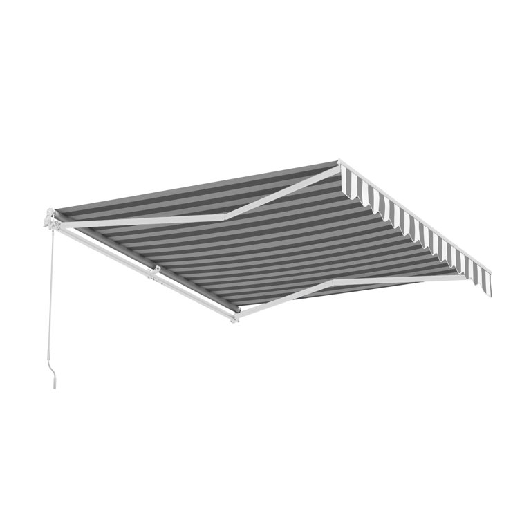 Motorized Gray and White Striped Retractable Patio Awning