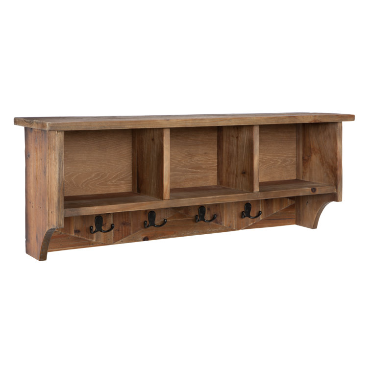 Natural Reclaimed Wood Wall Shelf with Coat Hooks