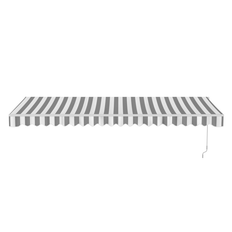 Motorized Gray and White Striped Retractable Patio Awning