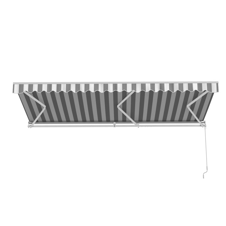 Motorized Gray and White Striped Retractable Patio Awning