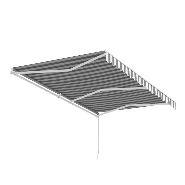 Motorized Gray and White Striped Retractable Patio Awning