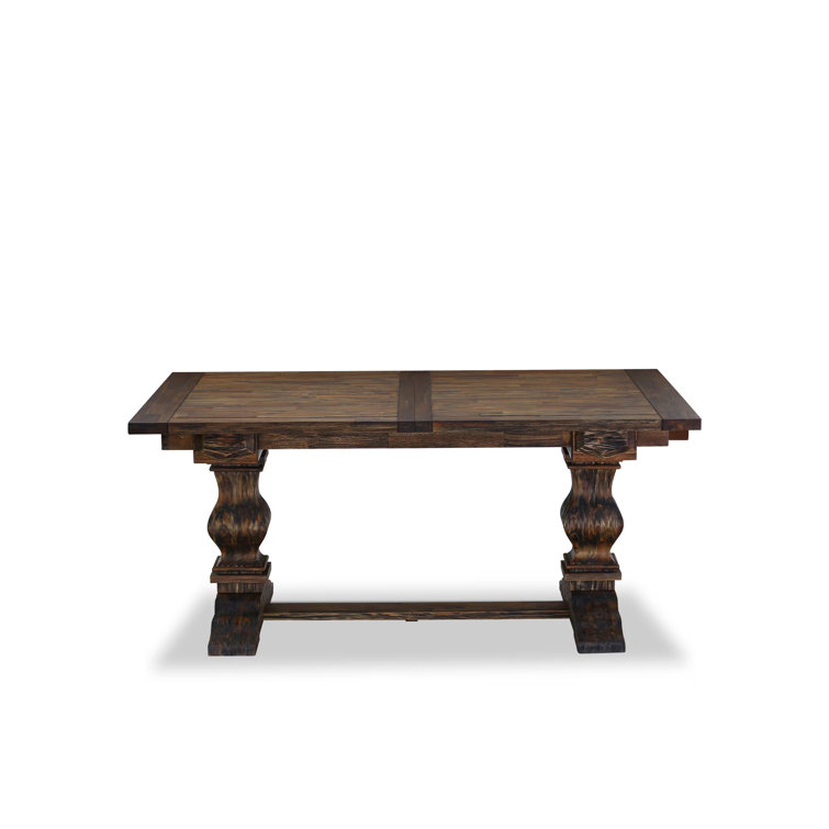 Distressed Jacobean Acacia Wood Dining Set with Light Tan Linen Chairs
