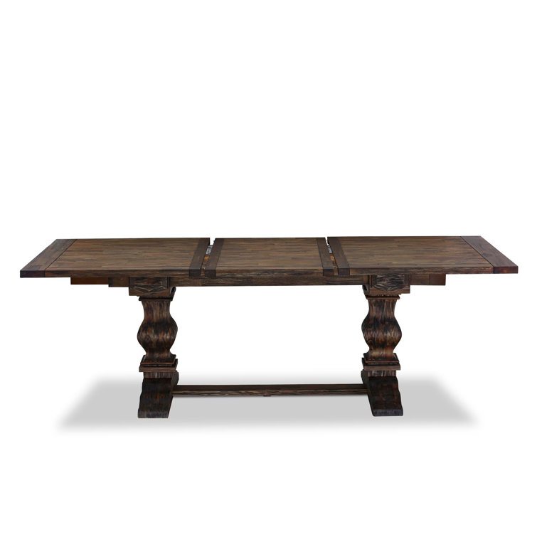 Distressed Jacobean Acacia Wood Dining Set with Light Tan Linen Chairs