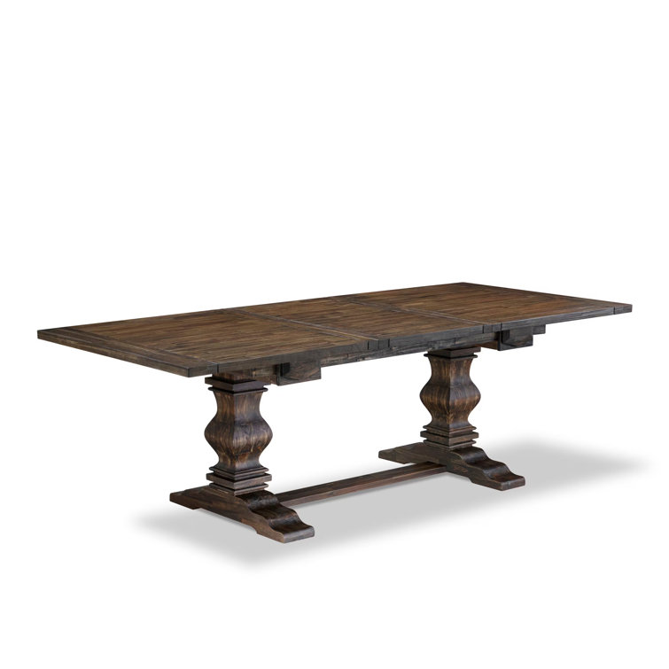 Distressed Jacobean Acacia Wood Dining Set with Light Tan Linen Chairs