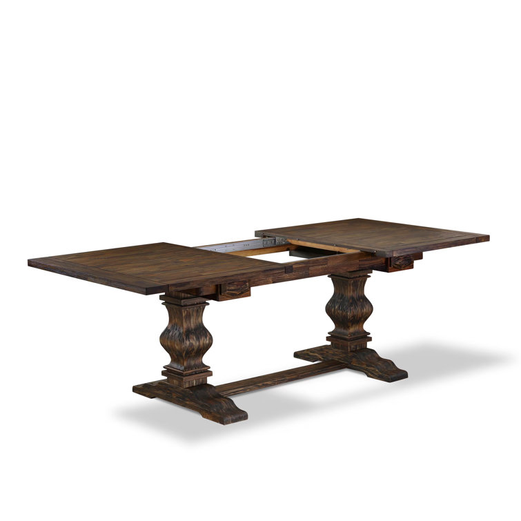 Distressed Jacobean Acacia Wood Dining Set with Light Tan Linen Chairs