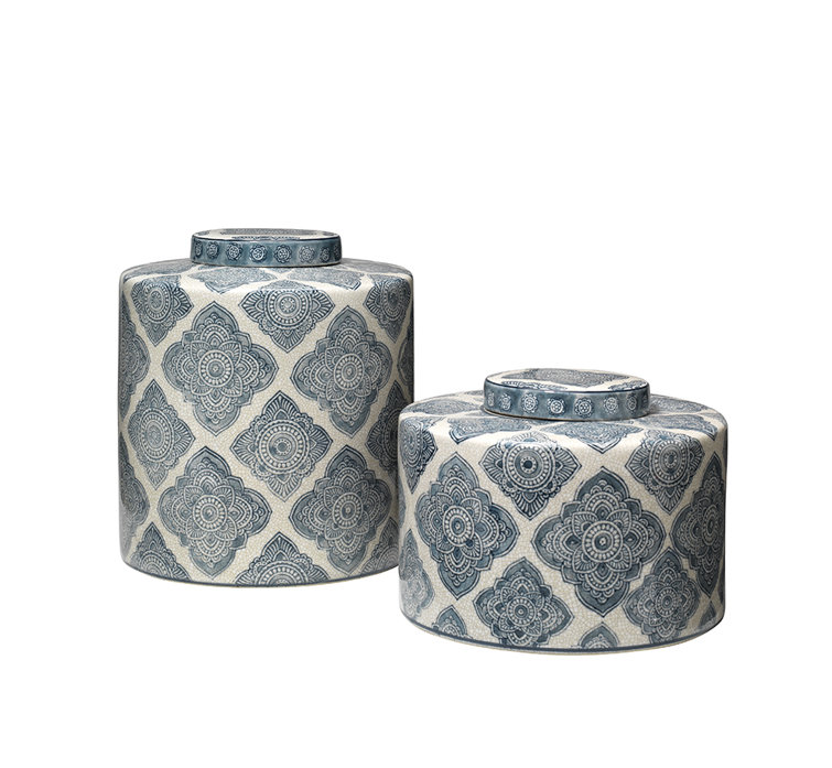 Set of 2 Blue and White Ceramic Canisters