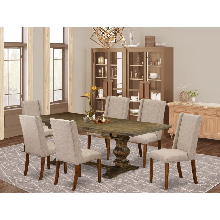Distressed Jacobean Acacia Wood Dining Set with Light Tan Linen Chairs