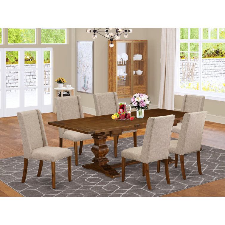 Antique Walnut Rectangular Dining Set with Light Tan Linen Chairs