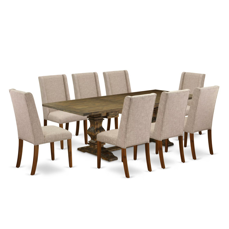 Distressed Jacobean Acacia Wood Dining Set with Light Tan Linen Chairs