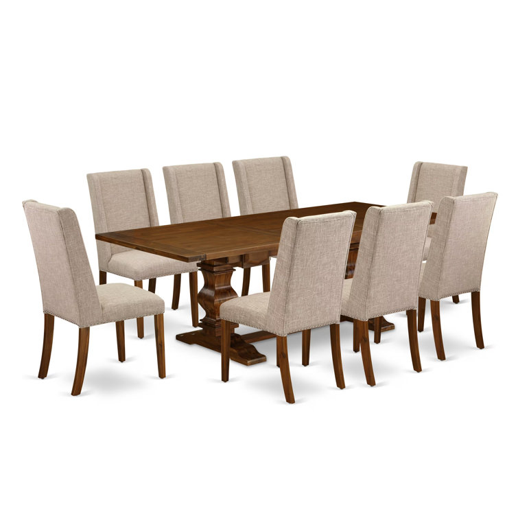 Antique Walnut Rectangular Dining Set with Light Tan Linen Chairs