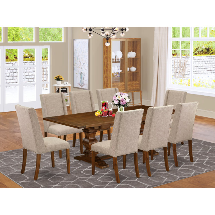 Antique Walnut Rectangular Dining Set with Light Tan Linen Chairs