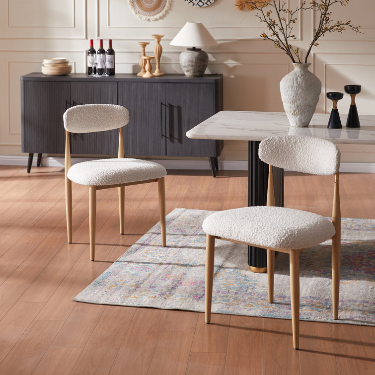 White Boucle Upholstered Side Chair with Black Metal Legs