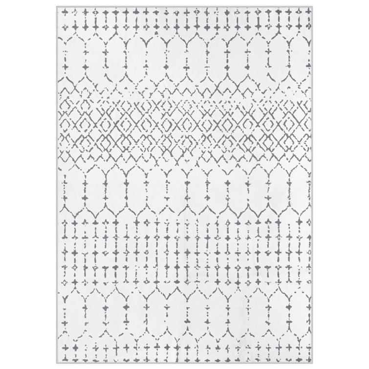 Hana White and Gray Geometric Washable Non-Slip Area Rug 5' x 7'
