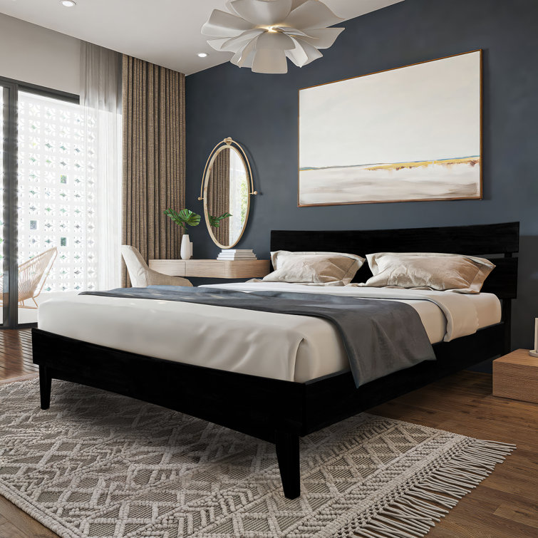 Aurora Black Queen Acacia Wood Bed Frame with Headboard