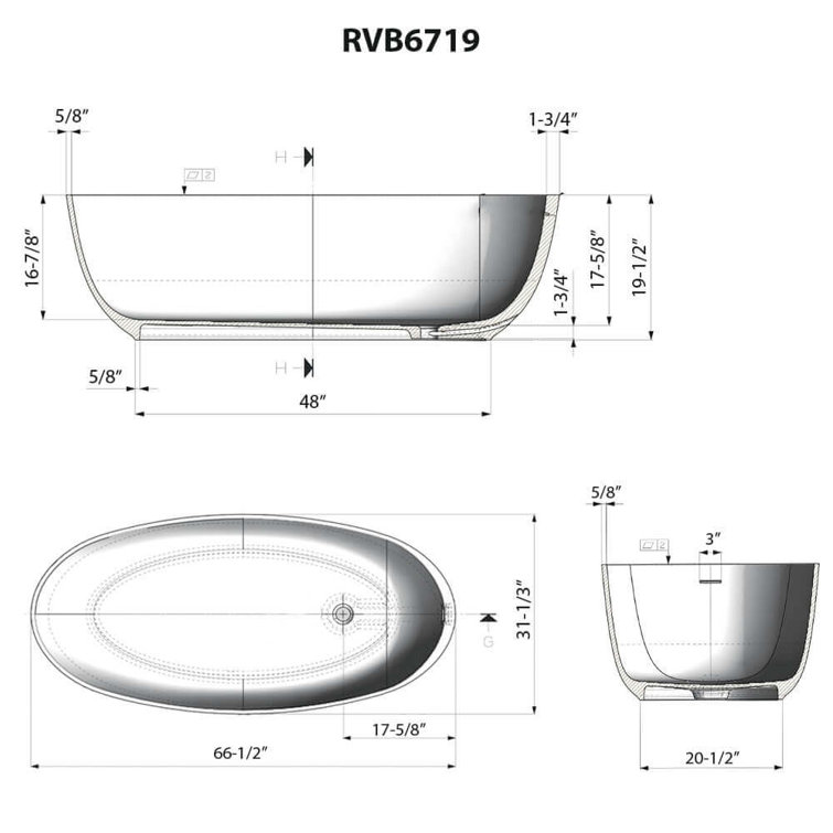 Matte White Oval Freestanding Solid Surface Bath Tub, 66-inch