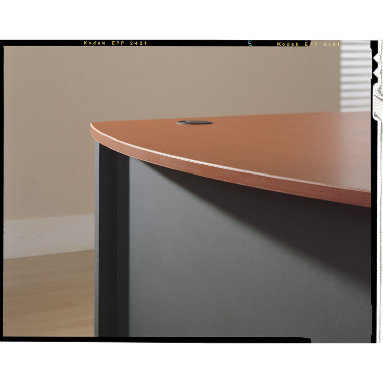 Gray and Cherry Wood L-Shaped Desk with Filing Cabinet