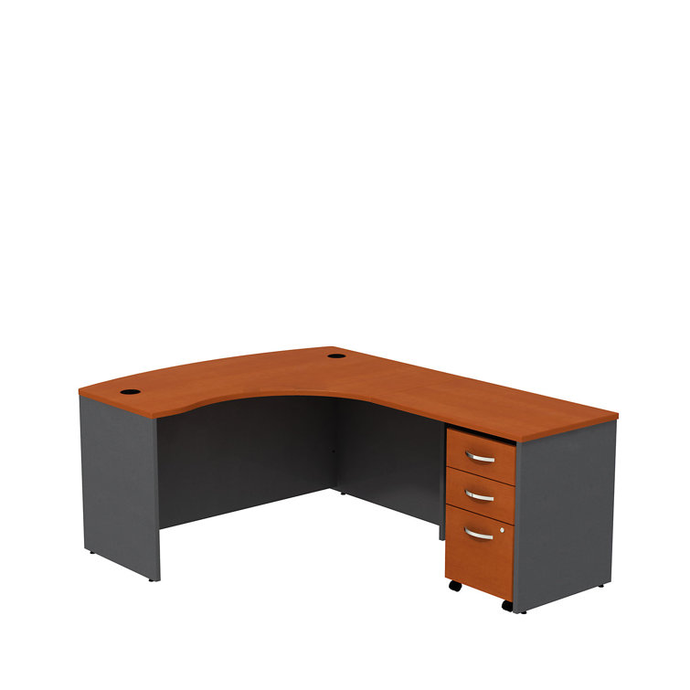 Gray and Cherry Wood L-Shaped Desk with Filing Cabinet