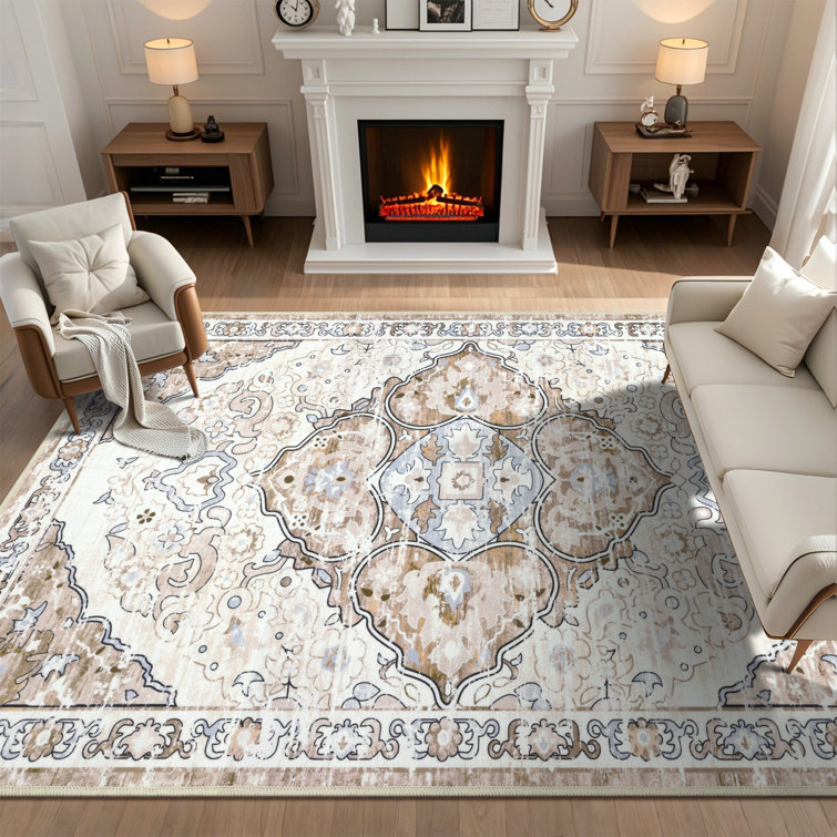 Beige and Brown Oriental Machine Washable Chenille Rug