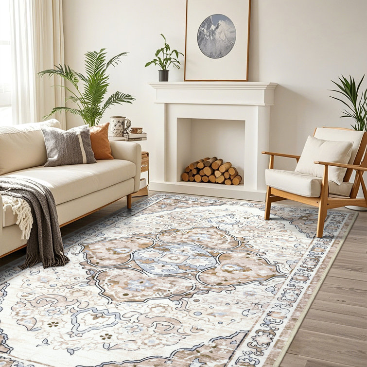 Beige and Brown Oriental Machine Washable Chenille Rug