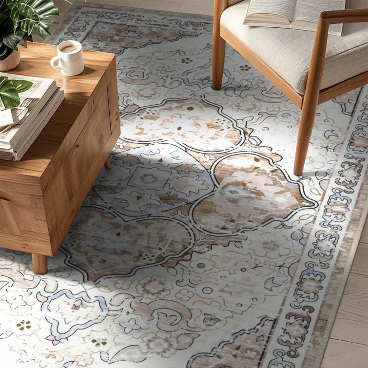 Beige and Brown Oriental Machine Washable Chenille Rug