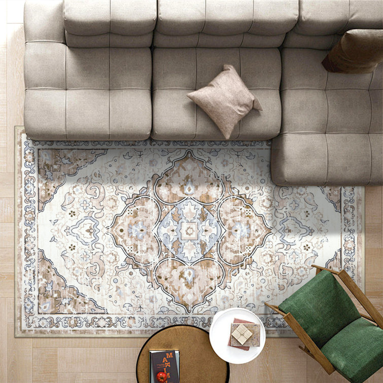 Beige and Brown Oriental Machine Washable Chenille Rug