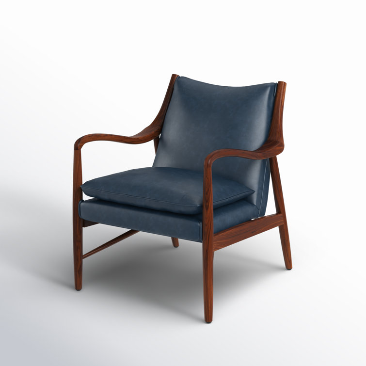 Dark Blue Genuine Leather Accent Chair with Wood Frame