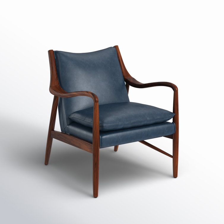 Dark Blue Genuine Leather Accent Chair with Wood Frame