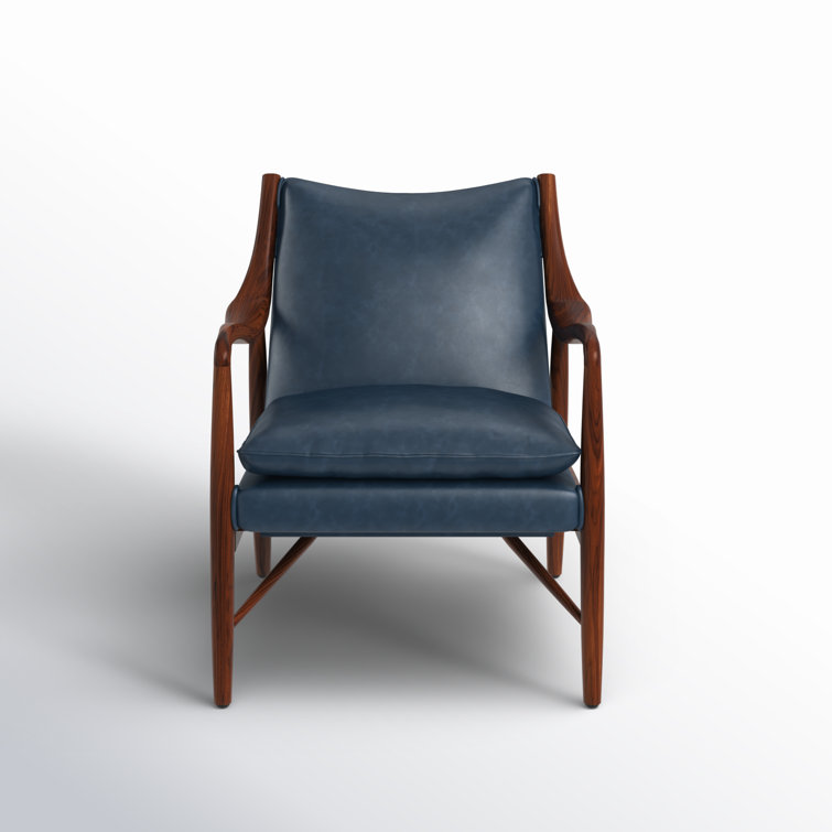 Dark Blue Genuine Leather Accent Chair with Wood Frame