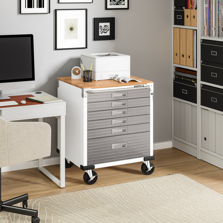 White Heavy-Duty Steel 6-Drawer Rolling Cabinet with Wood Top