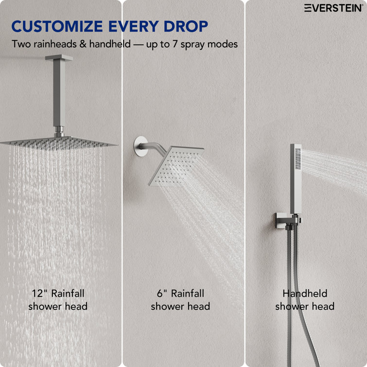Brushed Nickel 12'' Dual Rainfall Shower System with Thermostatic Valve